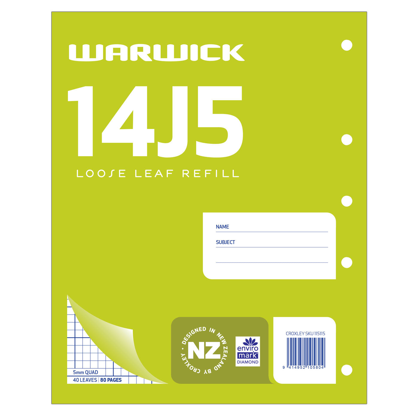 WARWICK 14J5 GRAPH PAD LOOSE LEAF REFILL 5MM QUAD 40 LEAVES