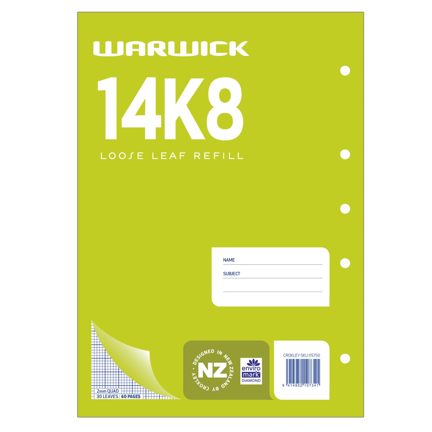WARWICK 14K8 A4 GRAPH PAD LOOSE LEAF REFILL 2 MM QUAD 30 LEAVES