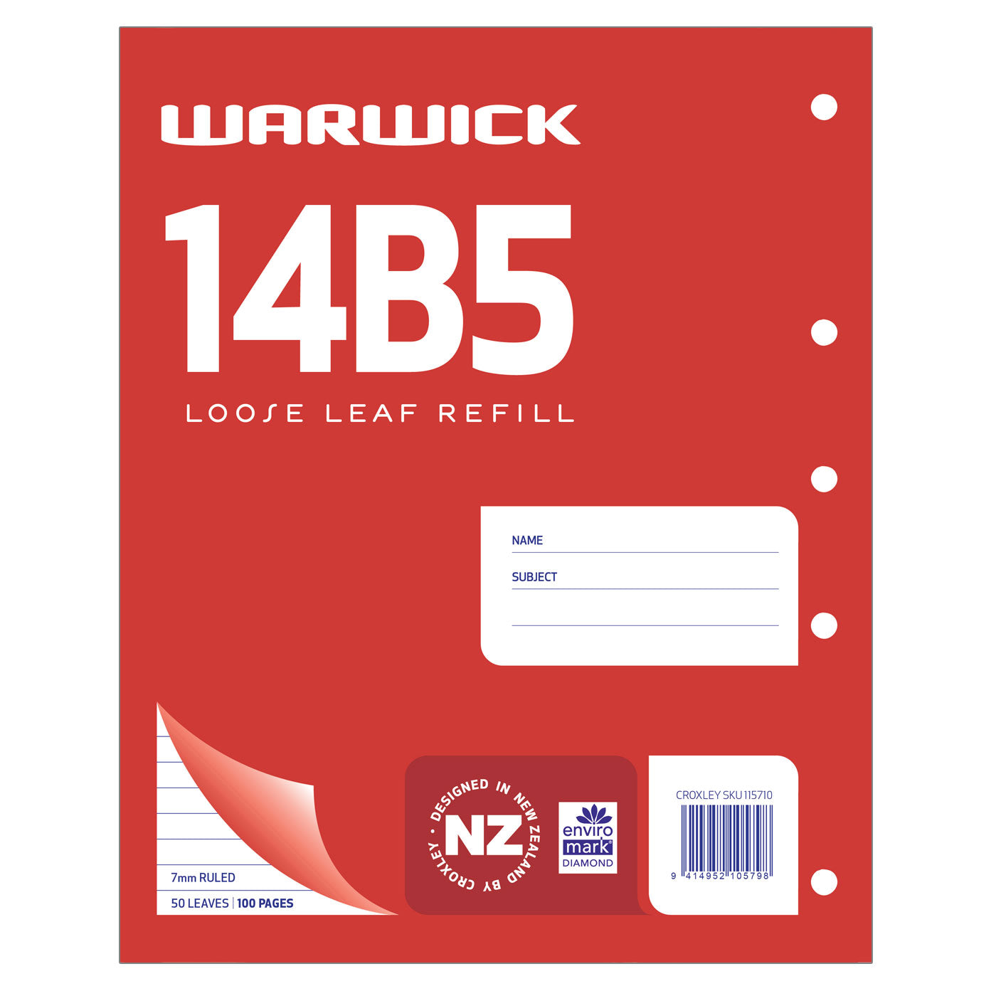 Warwick 14B5 Loose Leaf Refill Pad 7 mm Ruled 50 Leaves