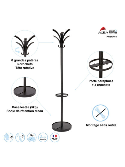 Alba Brio Coat Rack with Integrated Umbrella Stand Black 38cm (Base) X 170cm