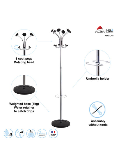 Alba Brio Coat Rack with Integrated Umbrella Stand Chrome 38cm (Base) X 177cm