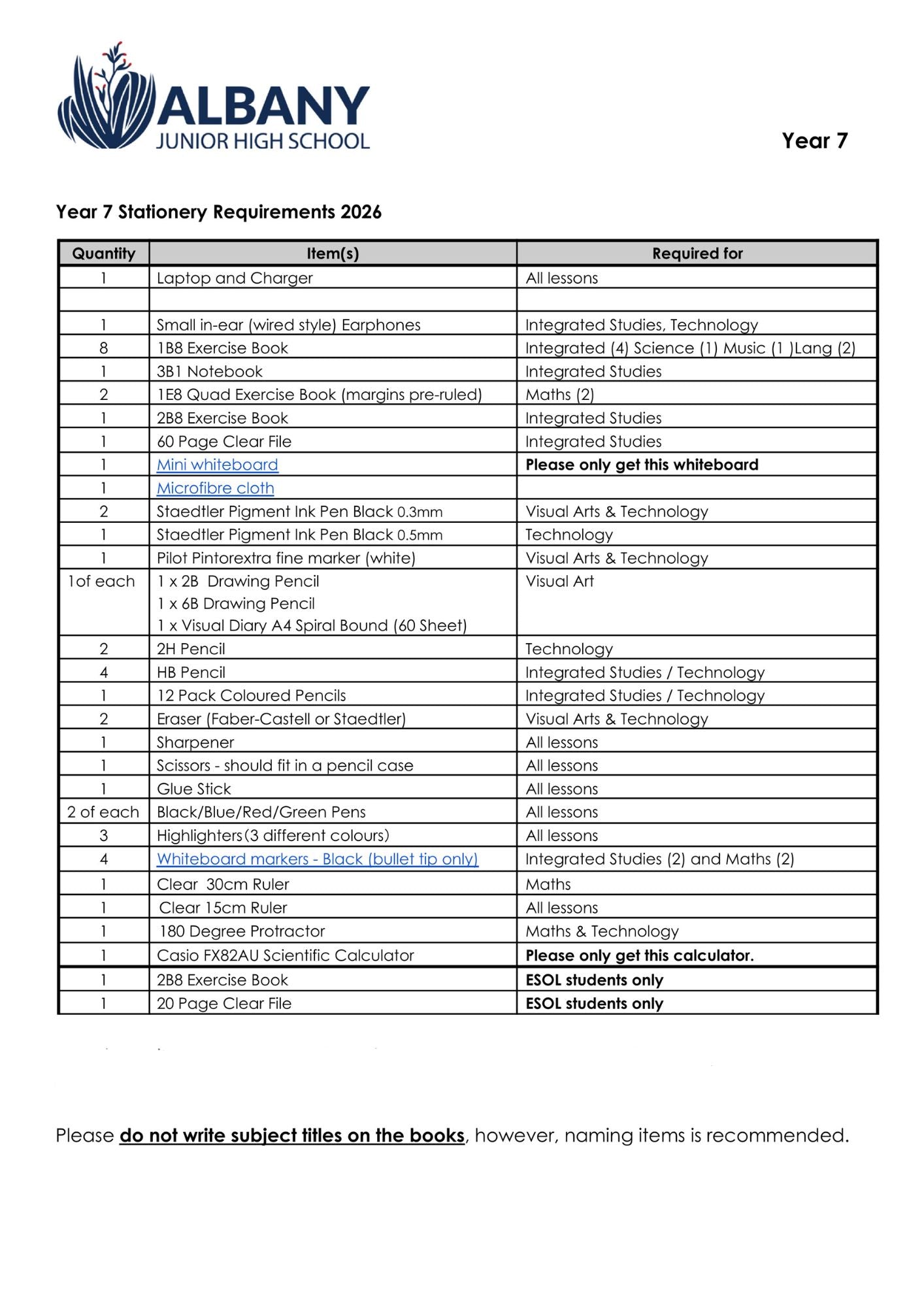 Albany Junior High School Stationery List 2026 Year 7