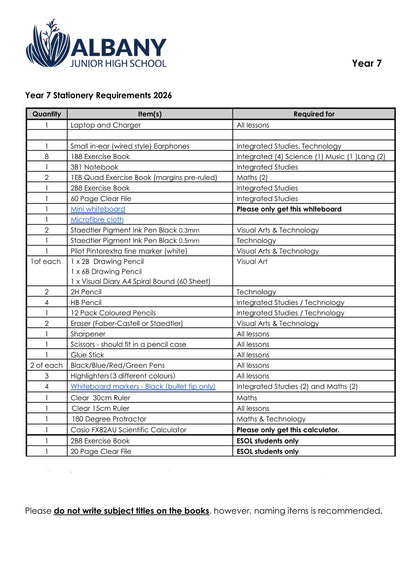 Albany Junior High School Stationery List 2026 Year 7
