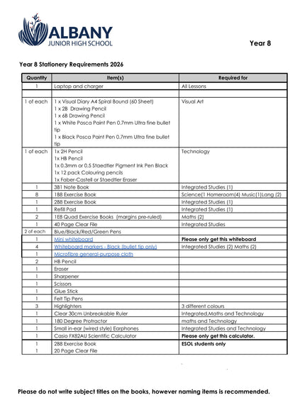 Albany_Junior_High_School_2026_Stationery_List_Year_8