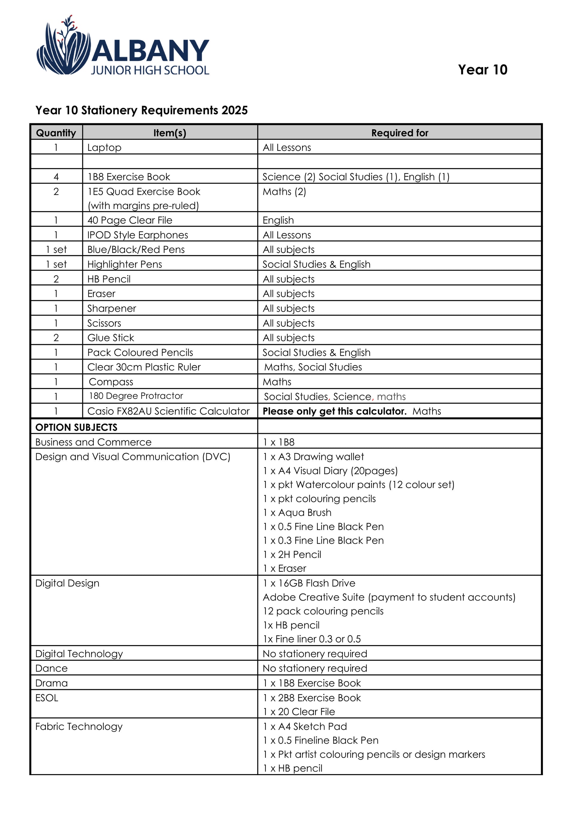 Albany Junior High School Stationery List 2025 Year 10 Page 1 of 2