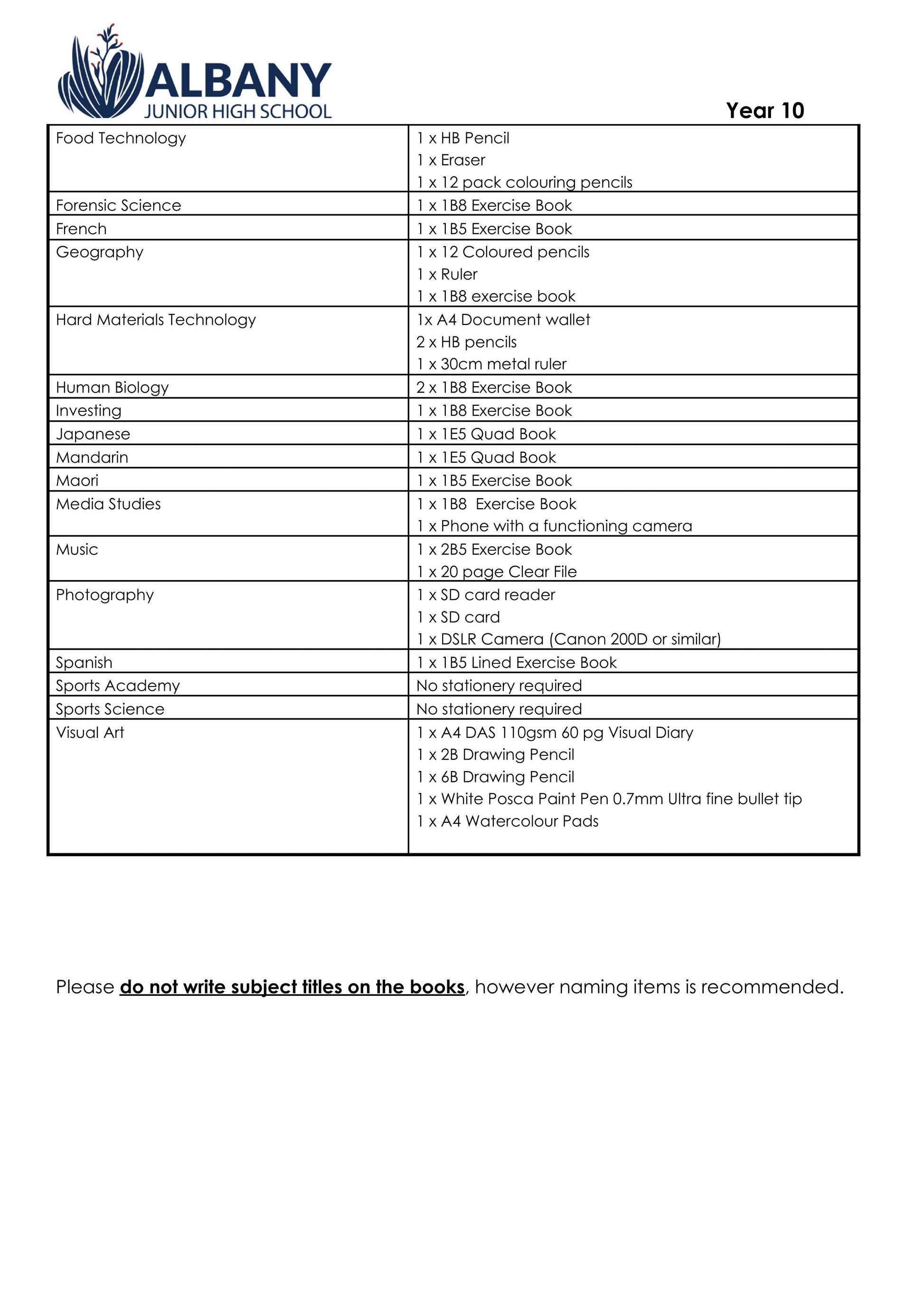 Albany Junior High School Stationery List 2025 Year 10 Page 2 of 2