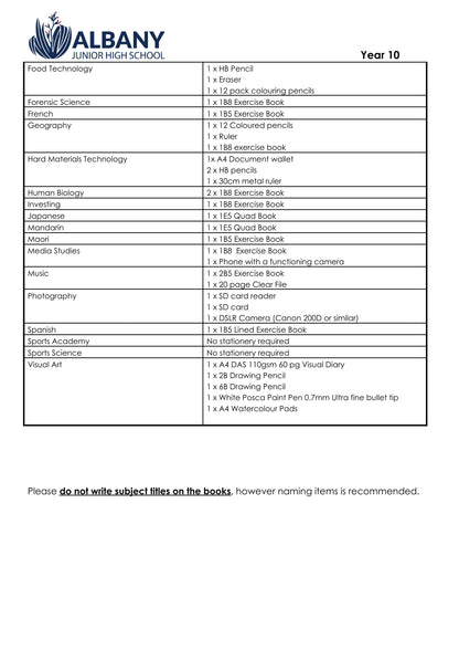 Albany Junior High School Stationery List 2025 Year 10 Page 2 of 2