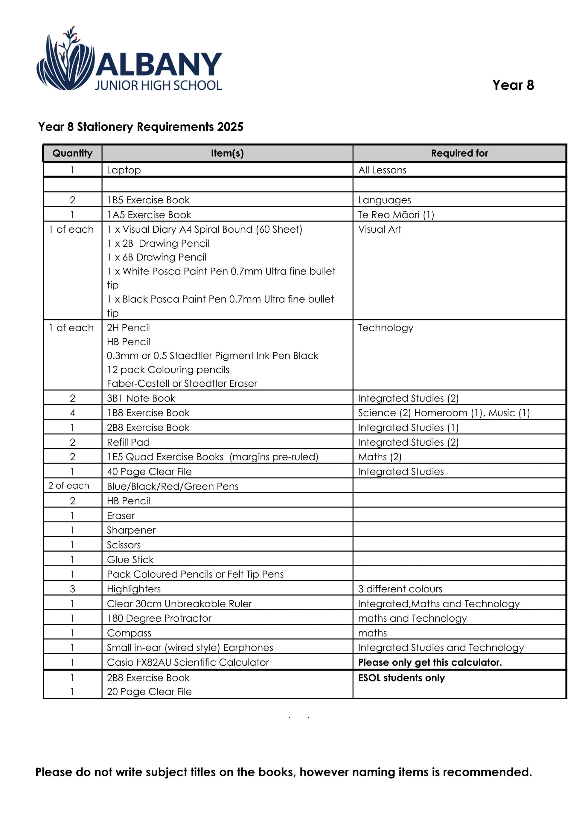 Albany Junior High School Stationery List 2025 Year 8