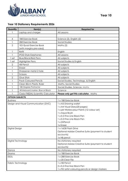 Albany Junior High School Stationery list 2026 Year 10