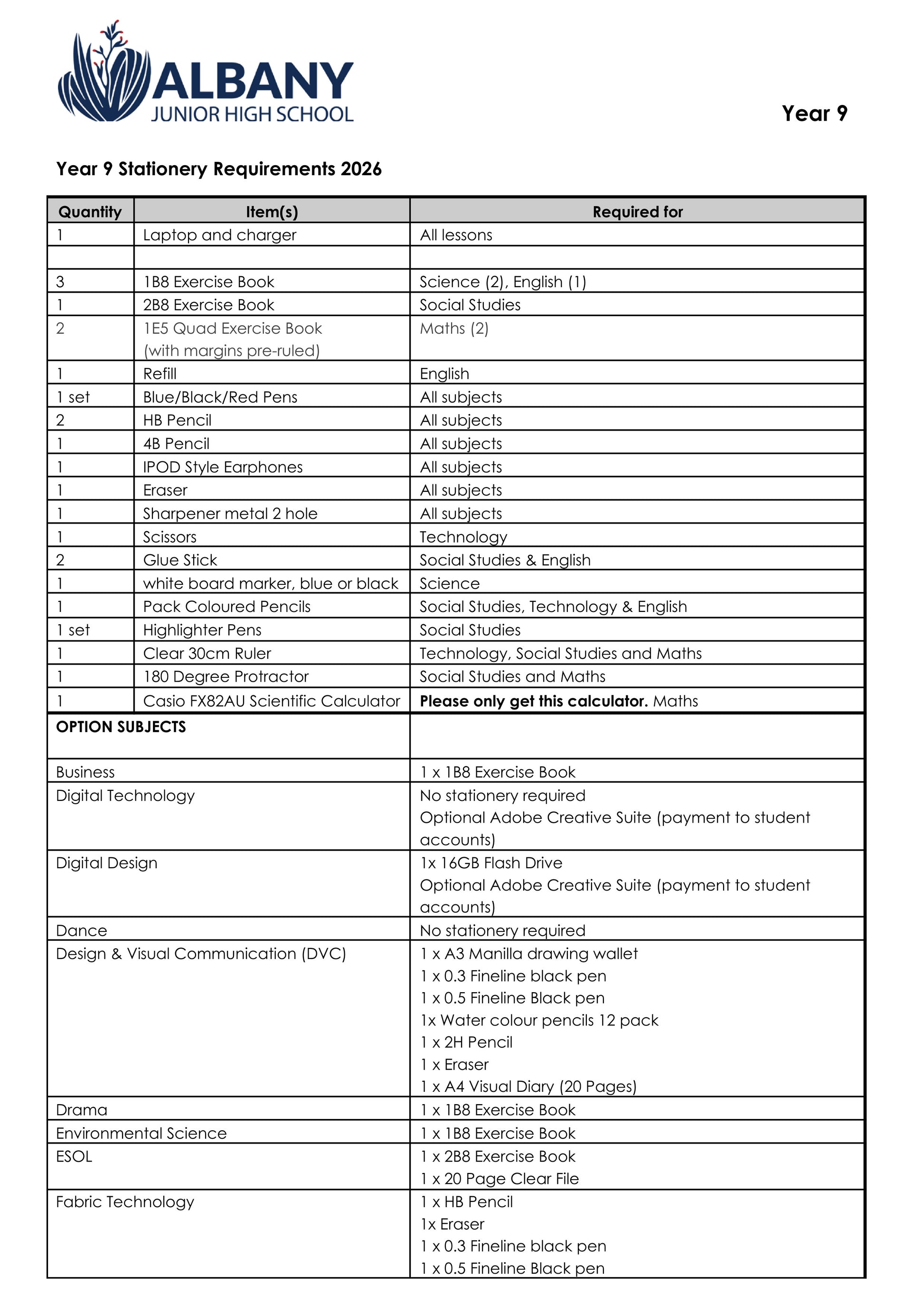 Albany Junior High School Stationery List 2026 Year 9