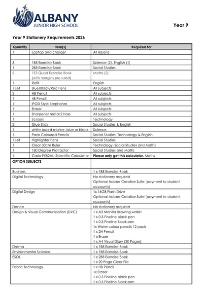 Albany Junior High School Stationery List 2026 Year 9