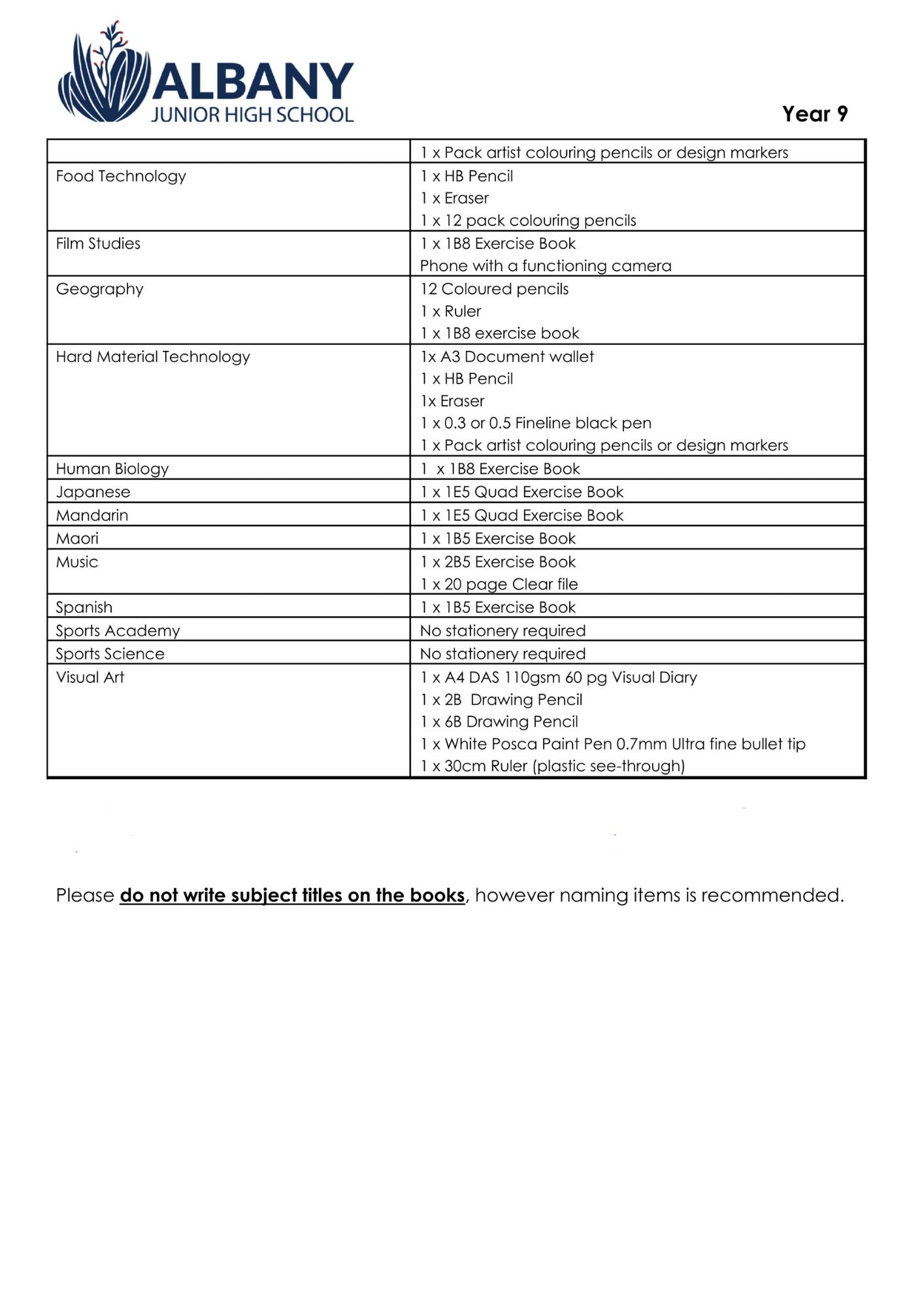 Albany Junior High School Stationery List 2026 Year 9