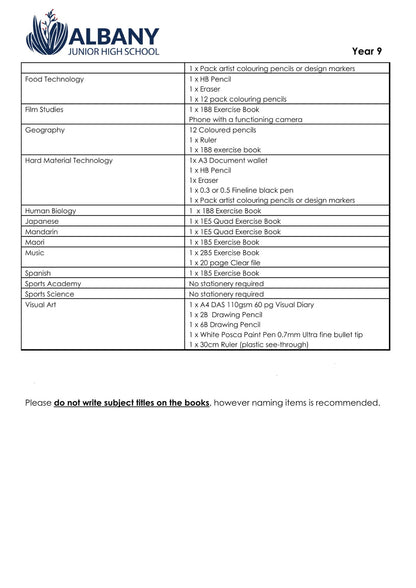 Albany Junior High School Stationery List 2026 Year 9