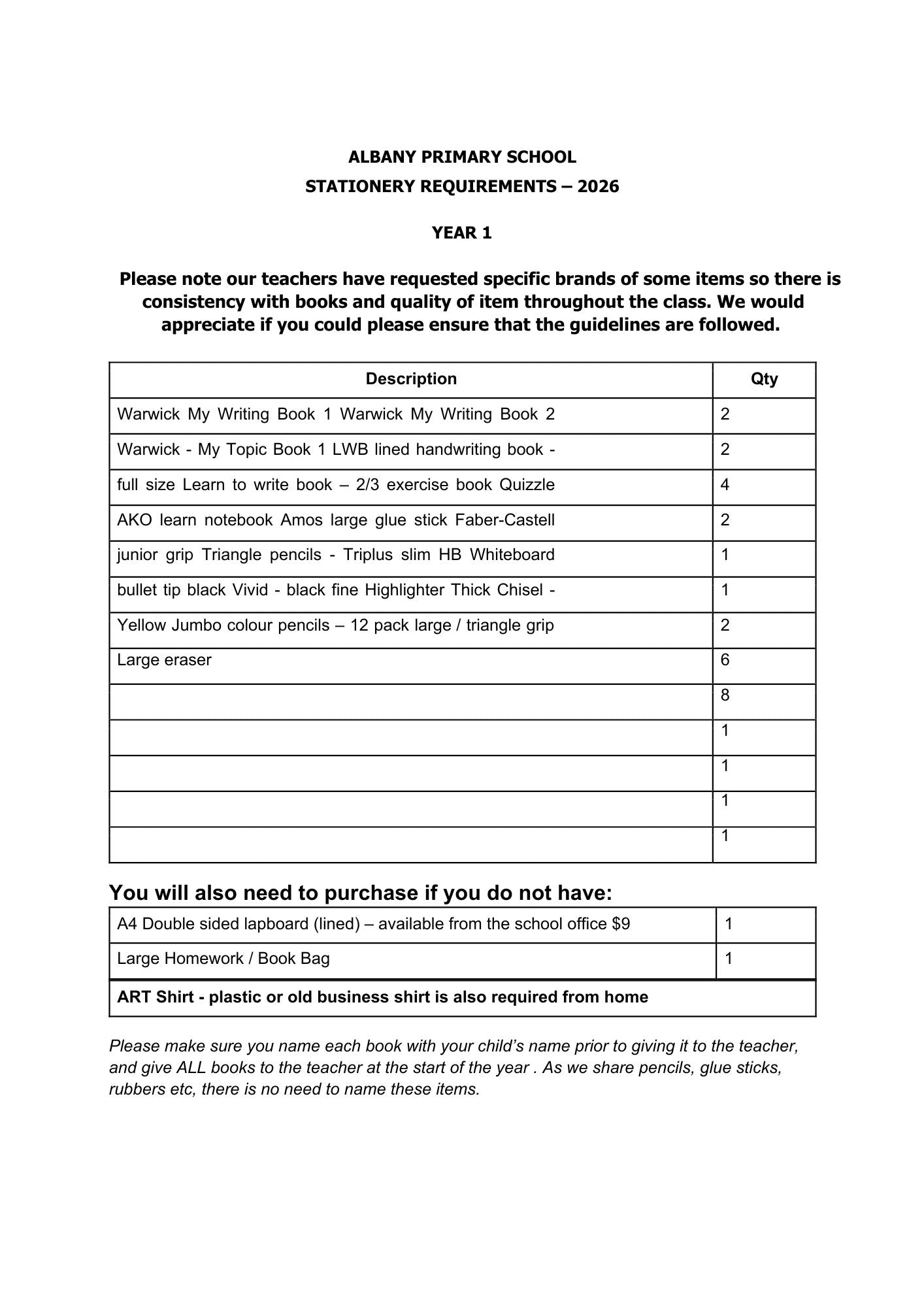 Albany Primary School Stationery List 2026 Year 1
