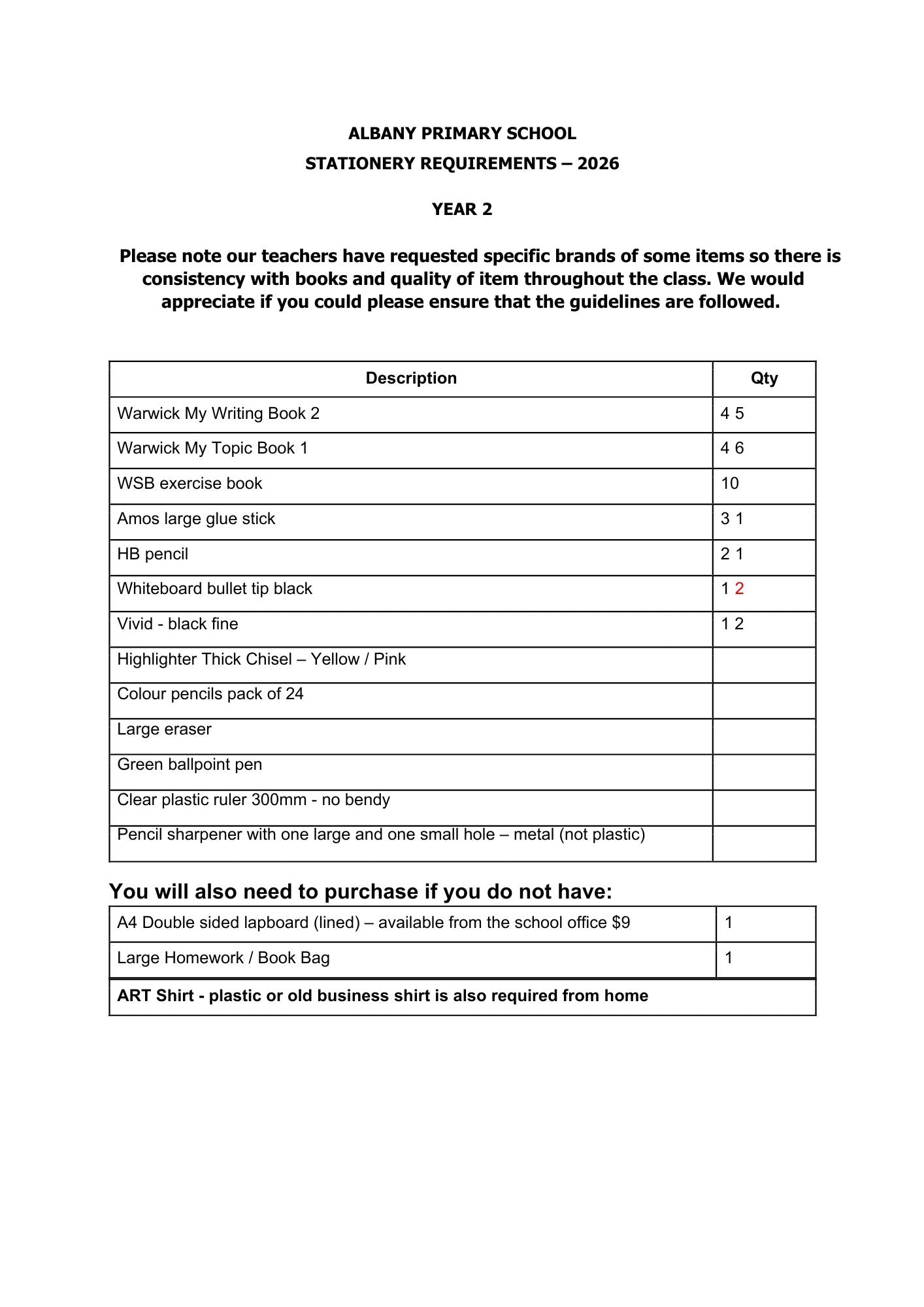 Albany Primary School Stationery List 2026 Year 2 