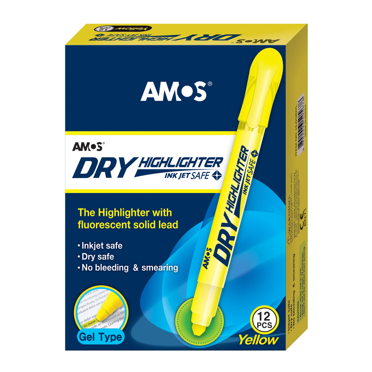 Amos Dry Highlighter Gel Fluoro Yellow Box of 12