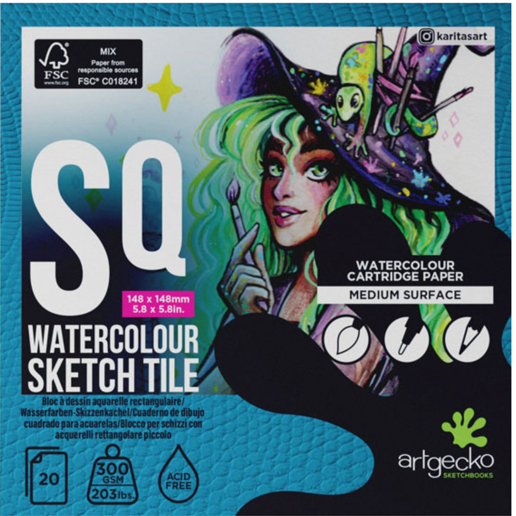 ArtGecko Watercolour Sketch Pad Square 148x148mm 20 Sheets 300gsm White Paper