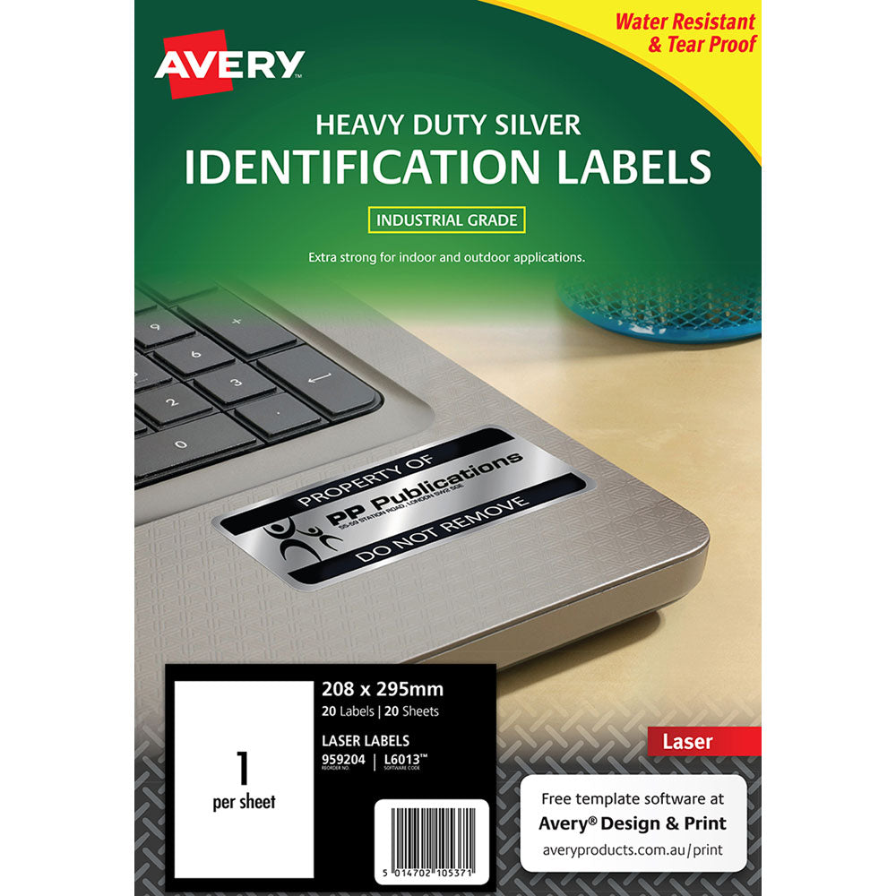 Avery Heavy Duty ID Label L6013 Silver Laser 208x295mm – 1 Label Per Sheet, 20 Sheets
