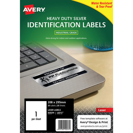 Avery Heavy Duty ID Label L6013 Silver Laser 208x295mm – 1 Label Per Sheet, 20 Sheets