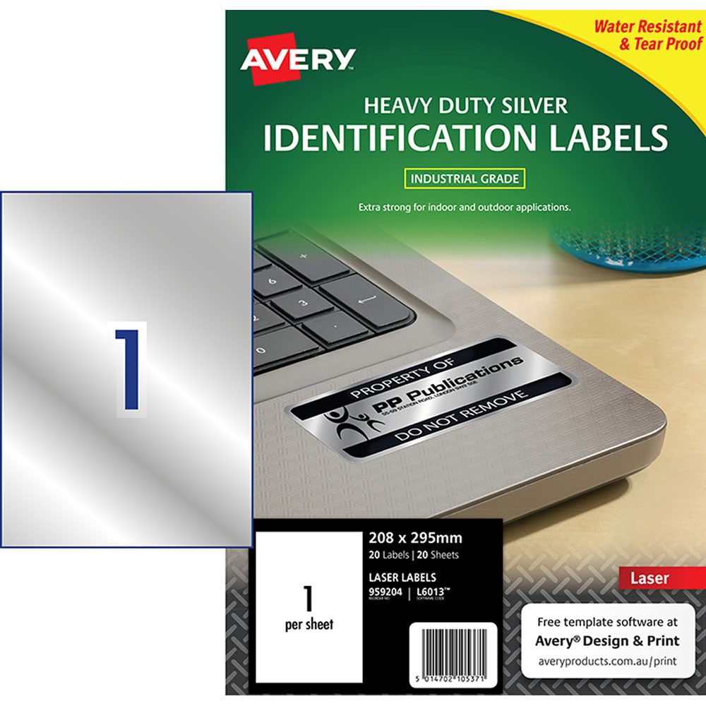 Avery Heavy Duty ID Label L6013 Silver Laser 208x295mm – 1 Label Per Sheet, 20 Sheets
