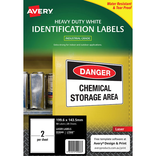 Avery Heavy Duty ID Label L7068 White Laser 199.6x143.5mm 2up 25 Sheets – Waterproof, Tear-Resistant, Oil & UV Proof