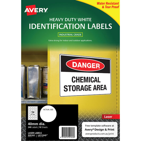 Avery Heavy Duty ID Labels L6112 White Laser 40mm Round – 24 Labels/Sheet, 10 Sheets
