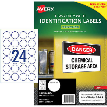 Avery Heavy Duty ID Labels L6112 White Laser 40mm Round – 24 Labels/Sheet, 10 Sheets