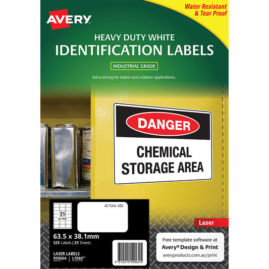 Avery Heavy Duty ID Labels L7060 White Laser 63.5x38.1mm – 21 Labels/Sheet, 25 Sheets
