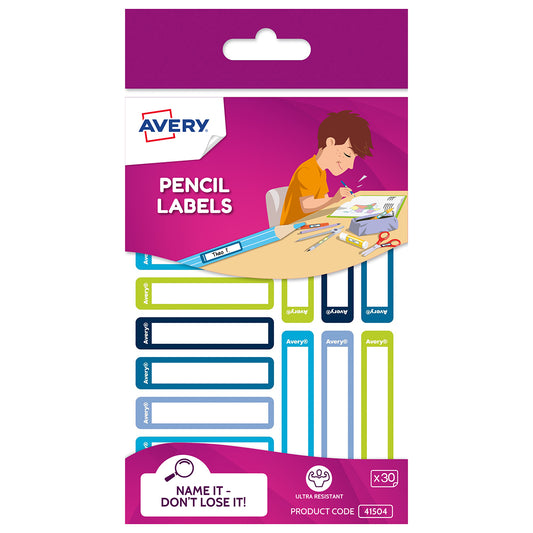 Avery Kids Pencil Labels Blue/Green – 30 Pack | Hand-Writable Name Labels for Stationery