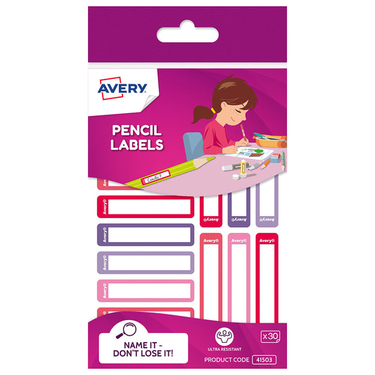 Avery Kids Pencil Labels Pink/Purple – 30 Pack | Hand-Writable Name Labels for Stationery
