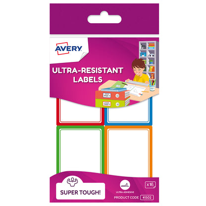 Avery Kids Ultra-Resistant Labels 16 Pack – Assorted Colours, Waterproof, Dishwasher & Microwave Safe
