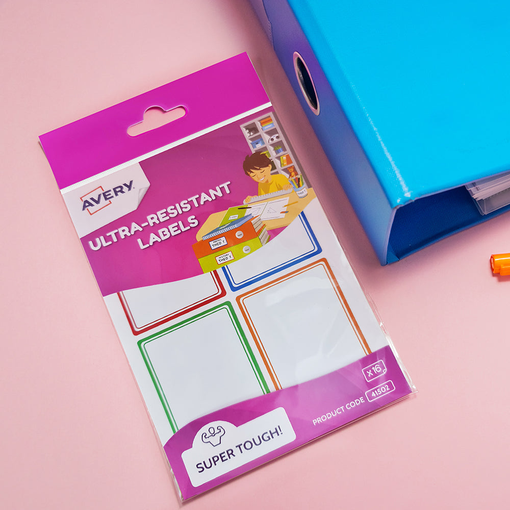 Avery Kids Ultra-Resistant Labels 16 Pack – Assorted Colours, Waterproof, Dishwasher & Microwave Safe