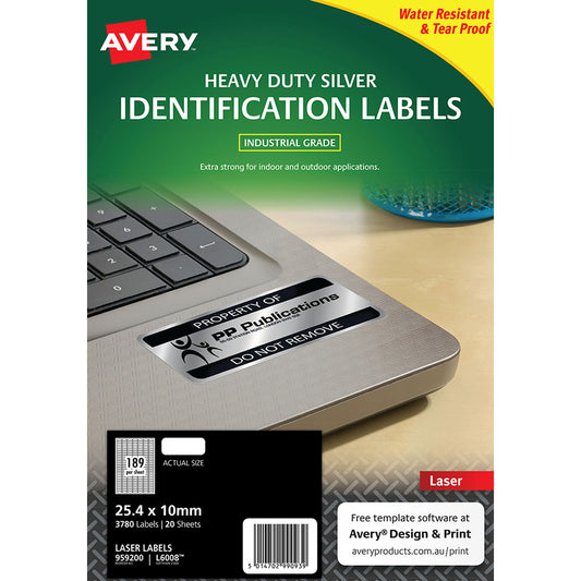 Avery L6008 Silver Heavy Duty Labels 25.4x10mm – Laser Pack of 3780 labels