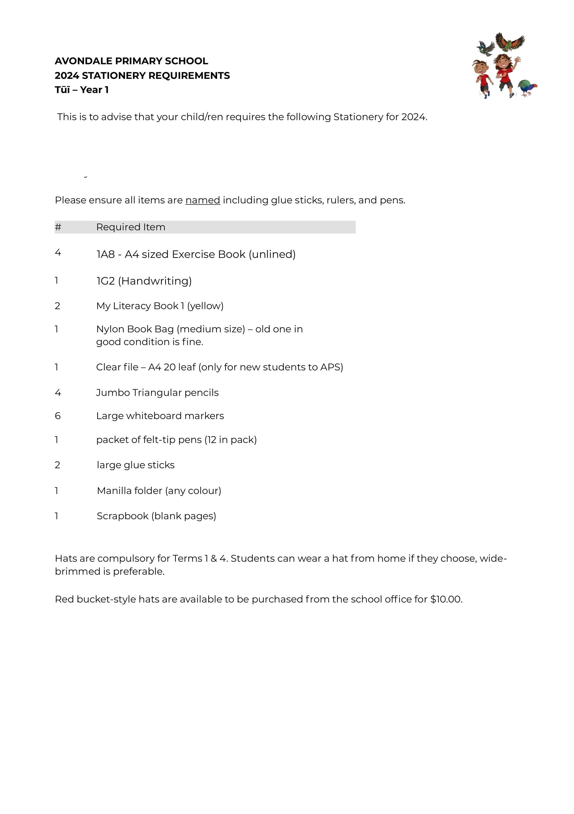 Avondale Primary School Stationery List 2024 Tui Year 0 & 1