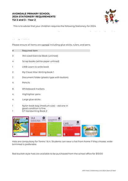 Avondale Primary School Stationery List 2024 Year 2