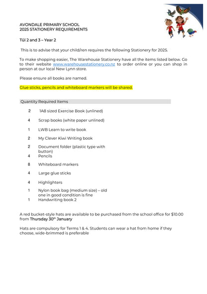 Avondale Primary School Stationery List 2025 Tui 2 & 3 Year 2