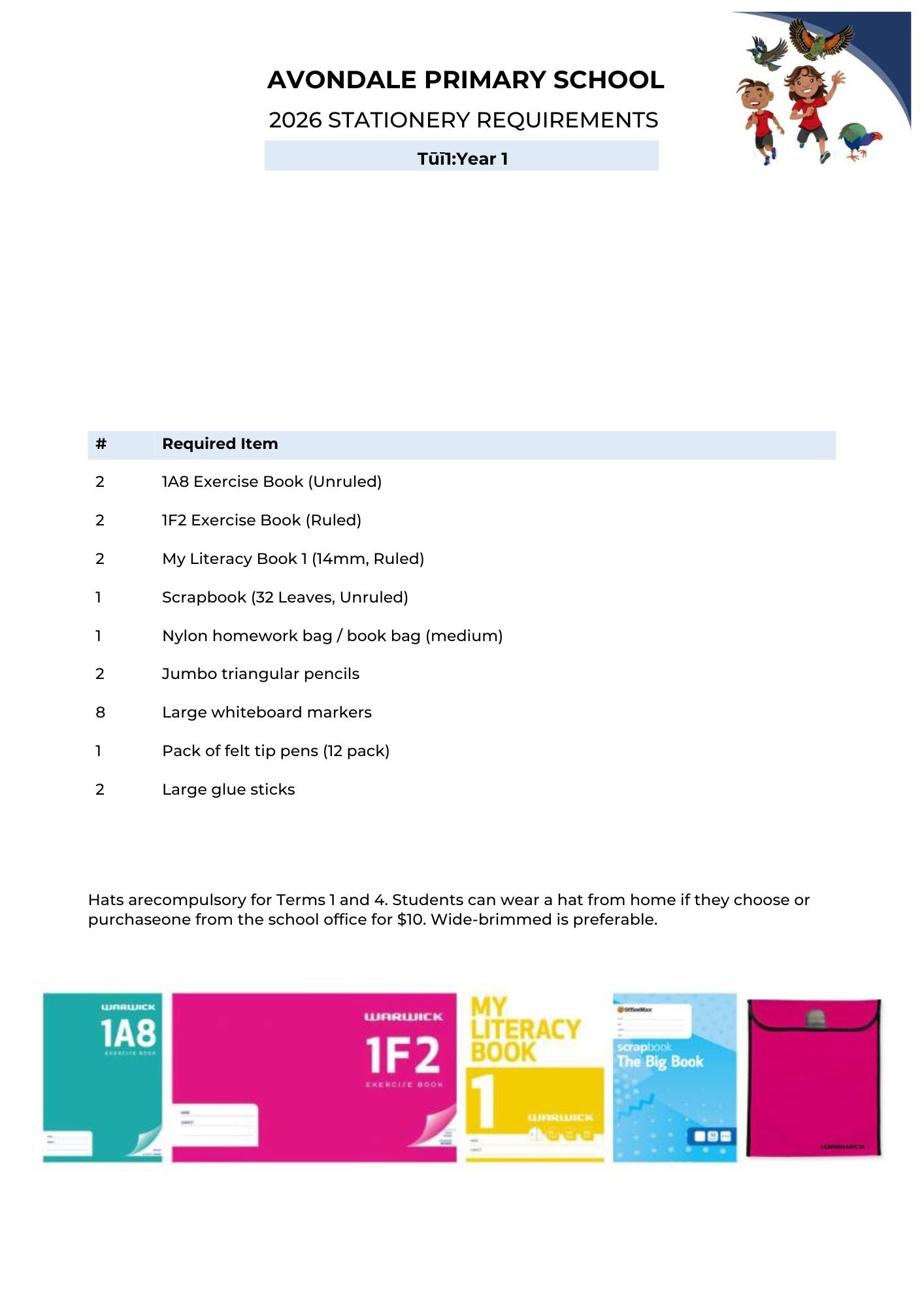 Avondale Primary School Stationery List 2026 Tui Year 1