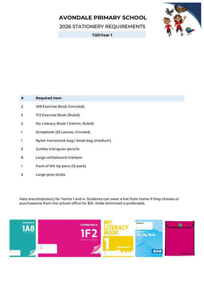 Avondale Primary School Stationery List 2026 Tui Year 1