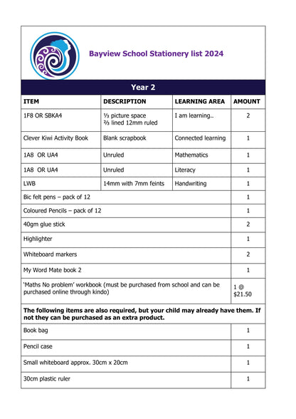 Bayview Primary School Stationery Pack 2024 Year 2