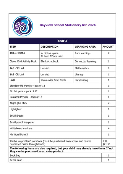Bayview Primary School Stationery Pack 2024 Year 3