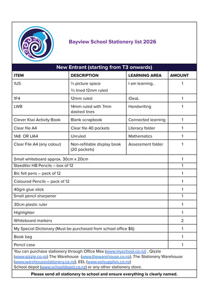 Bayview Primary School Stationery Pack 2026 Year 0