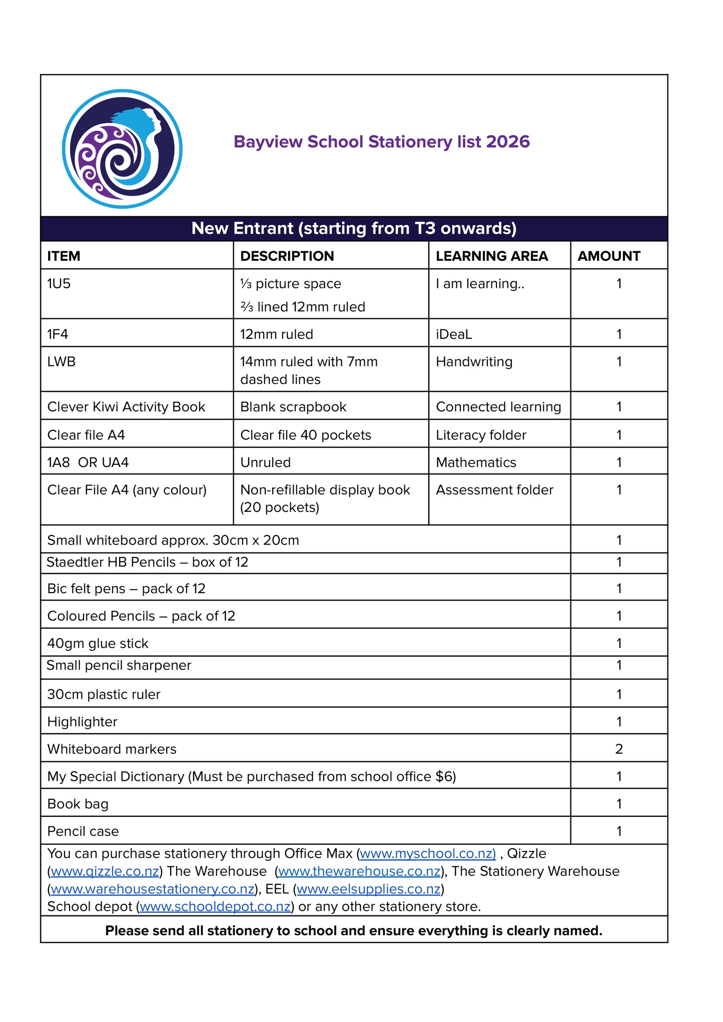 Bayview Primary School Stationery Pack 2026 New Entrant (T3-Onwards)