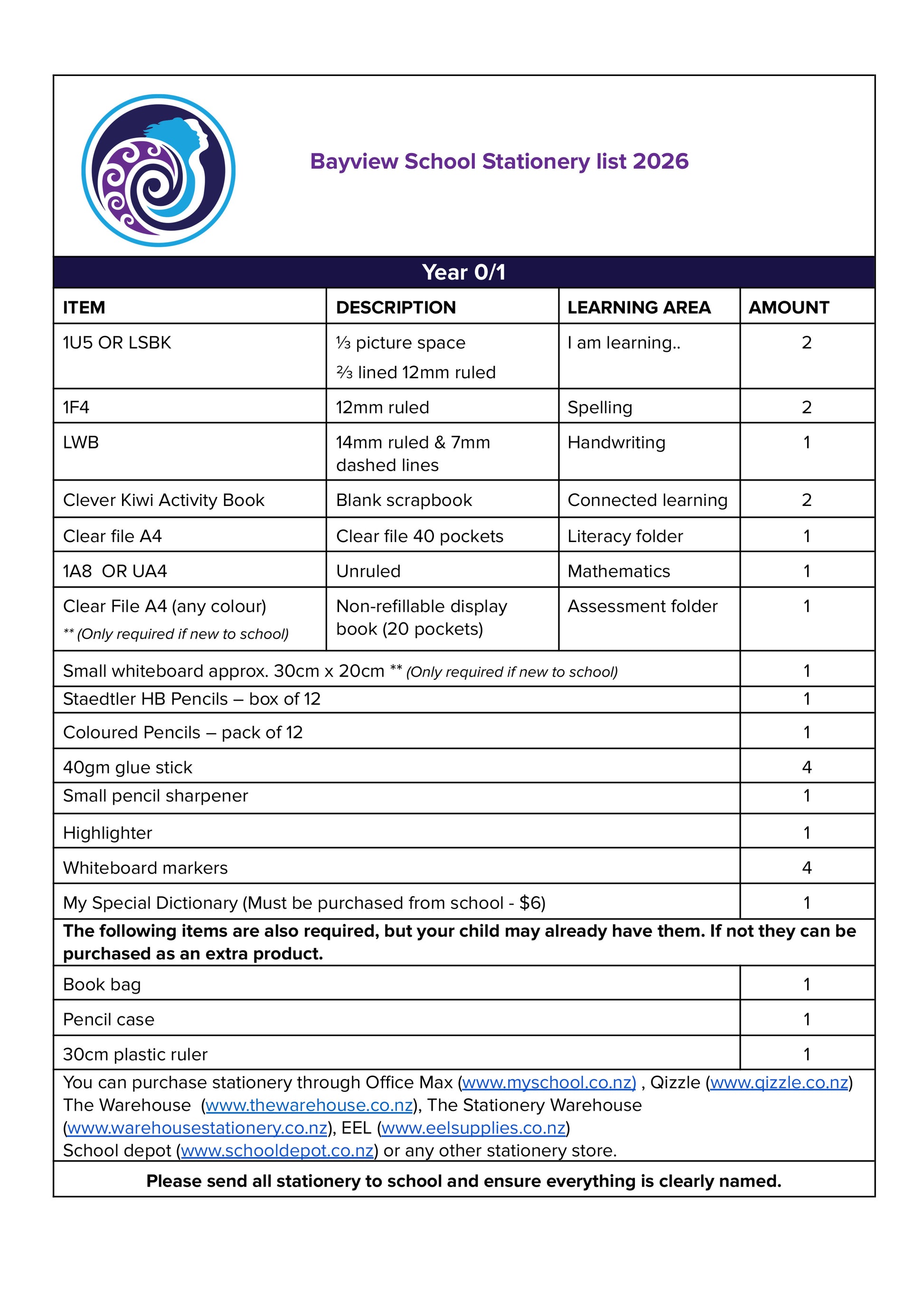Bayiew Primary School Stationery List 2026 Year 0/1