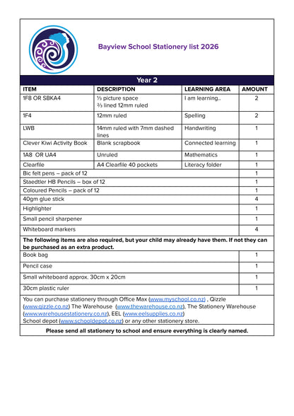 Bayview Primary School Stationery Pack 2026 Year 2