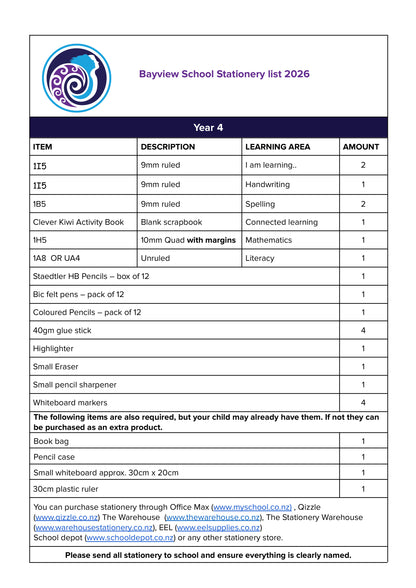 Bayview Primary School Stationery Pack 2026 Year 4