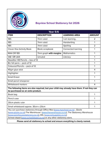 Bayview Primary School Stationery Pack 2026 Year 5 & 6
