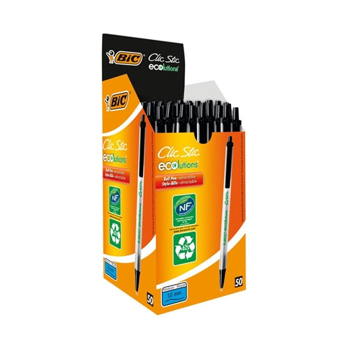 Bic Ecolution Clic Stic Ballpoint Pen Retractable Medium Tip 1.0mm Black Box 50