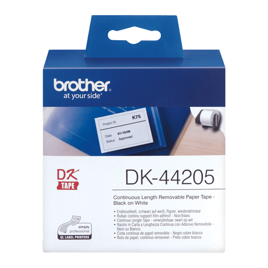 Brother DK-44205 Continuous Paper Label Roll with Removable Adhesive Black on White 62mm x 30.48m