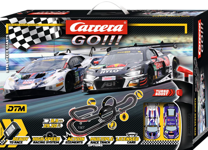 Carrera GO!!! DTM Speed Giants Slot Car Racing Set – Audi R8 vs Lamborghini Huracán – 8.9m Track with Loops & Flyover