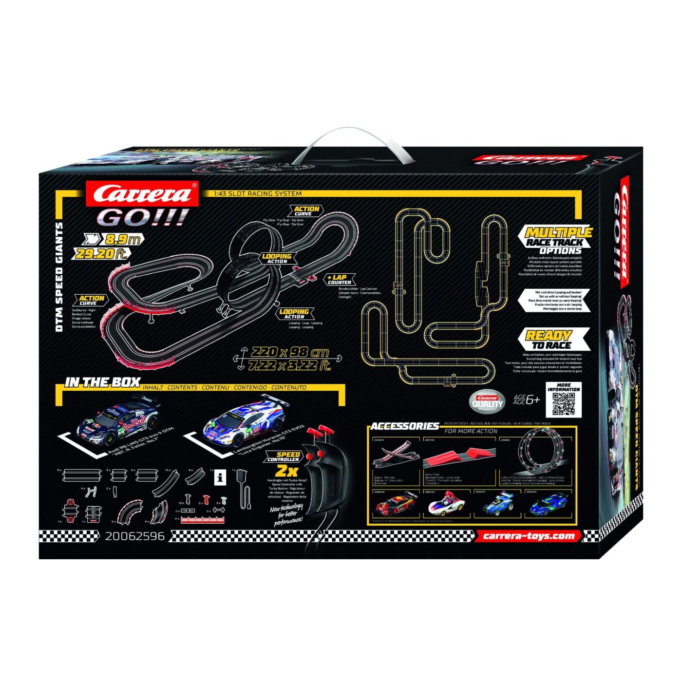 Carrera GO!!! DTM Speed Giants Slot Car Racing Set – Audi R8 vs Lamborghini Huracán – 8.9m Track with Loops & Flyover